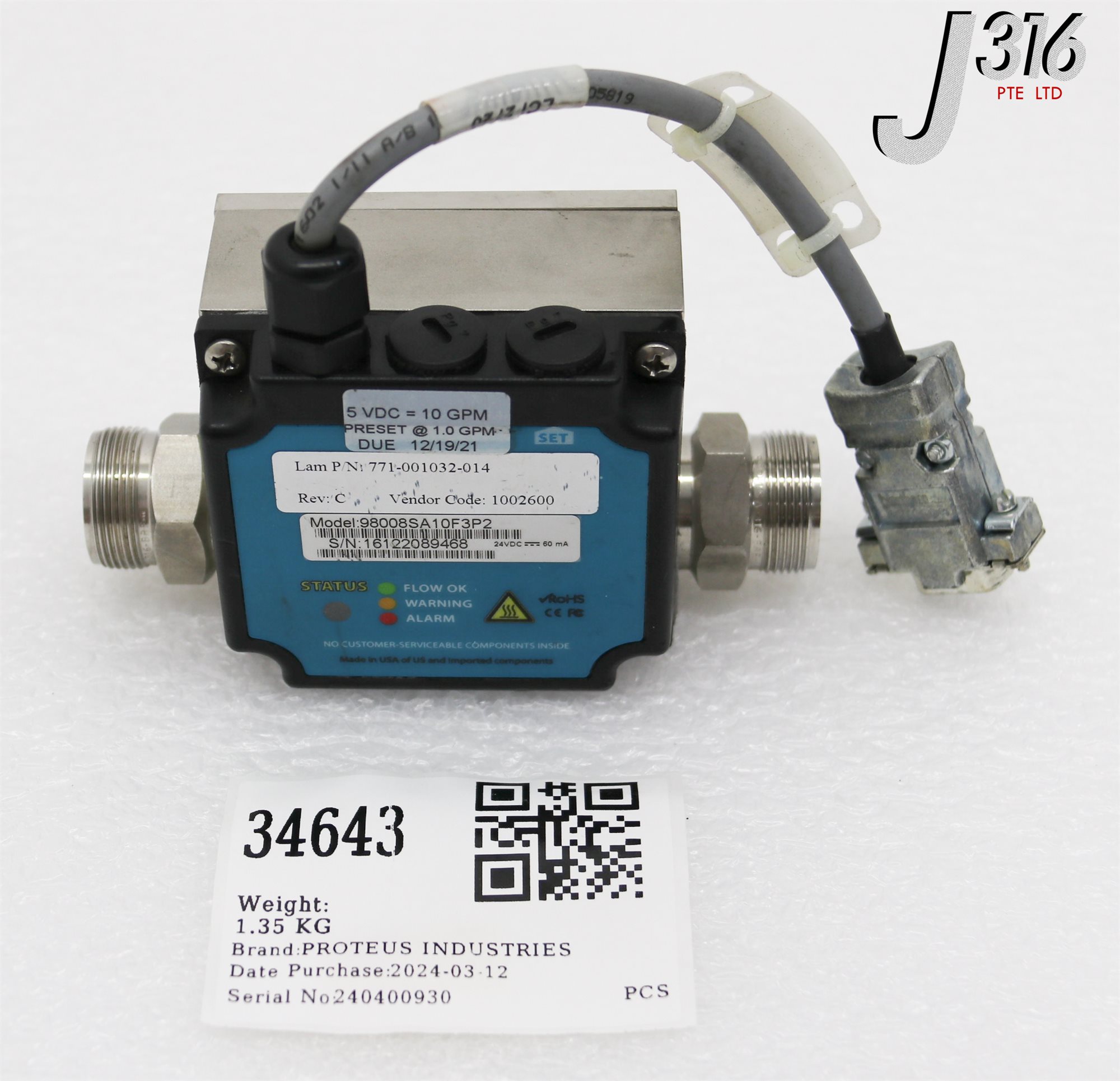 34643 PROTEUS INDUSTRIES LIQUID FLOW METER, LAM 771-001032-014